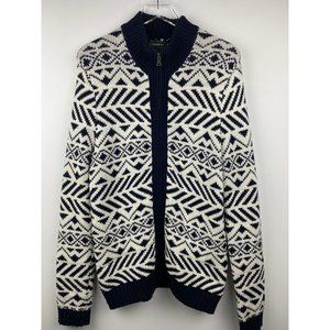 Vintage Express Navy & White Zip Front Chunky Knit Cardigan Sweater Size M